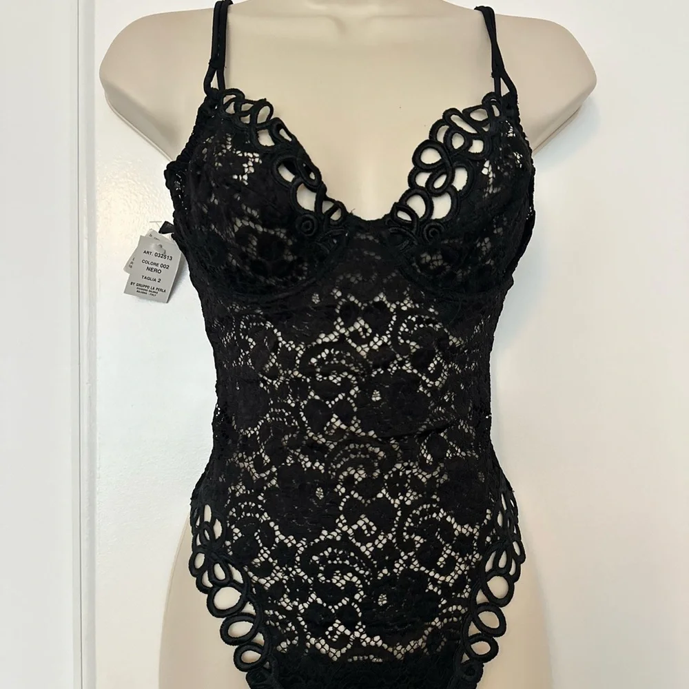 La Perla Documented collectors Black Lace Bodysuit with Fishnet Hosiery
